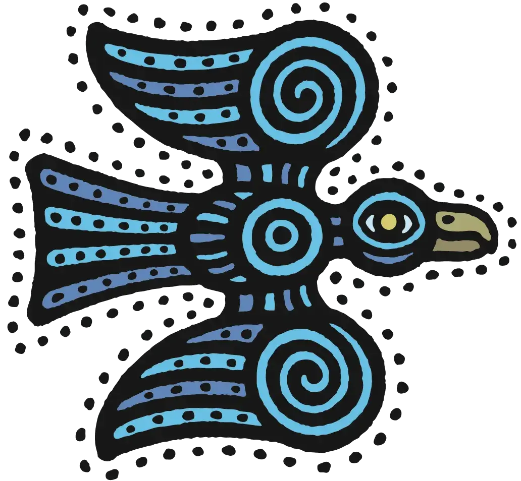 A blue bird with spiral design on it's body.