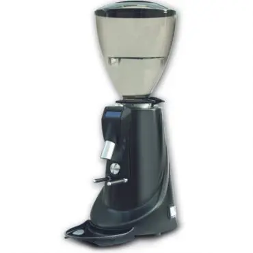A black coffee grinder with the lid up.
