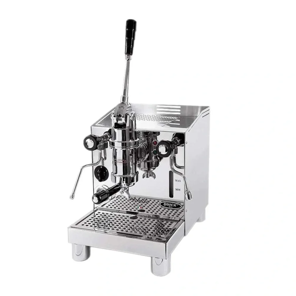 A silver coffee machine with two levels and a handle.