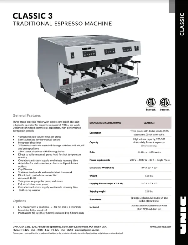 A page from the coffee machine catalog showing features.