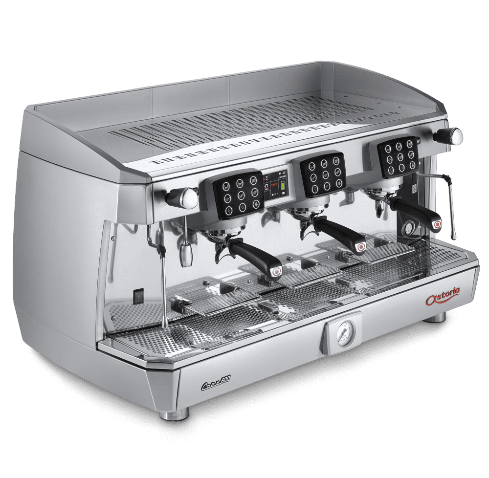 A silver coffee machine with three rows of four cups.