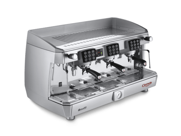 A silver coffee machine with three rows of four cups.