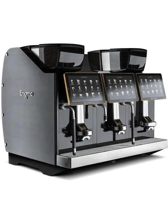 A group of three coffee machines on display.