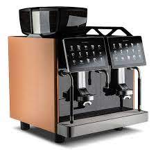 A coffee machine with two levels and a large display.