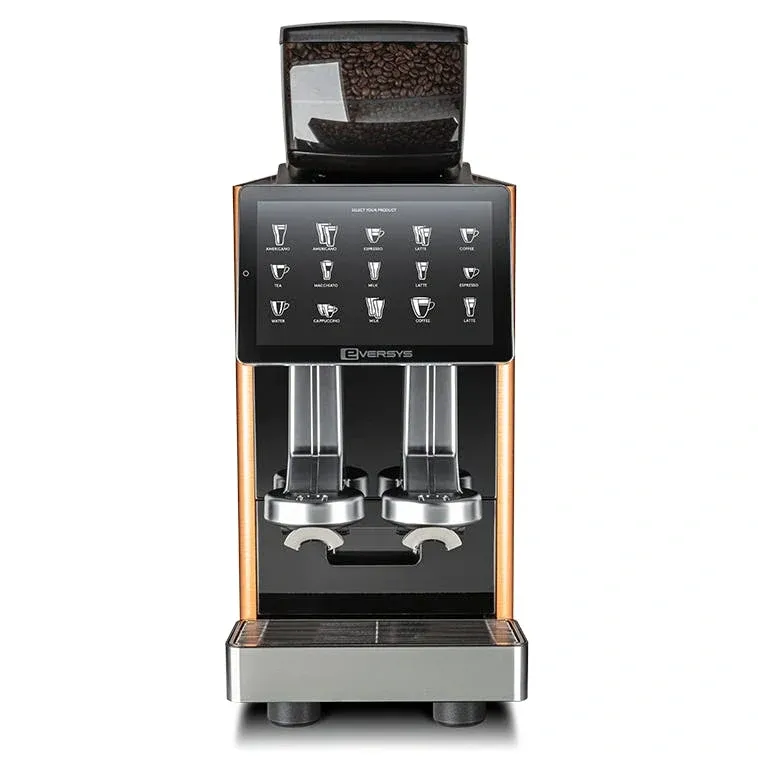 A coffee machine with two cups and a display.