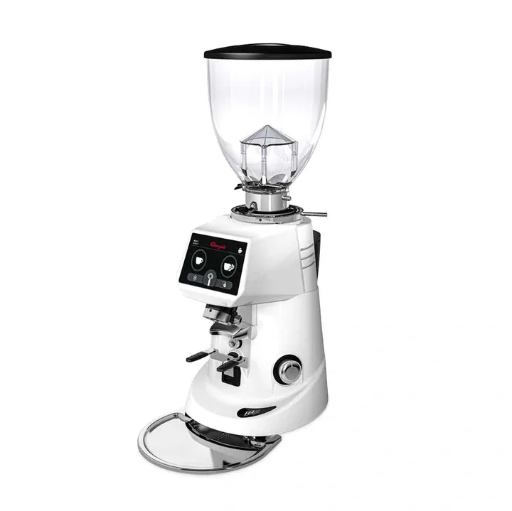A white coffee grinder with the timer on.