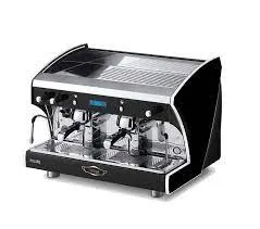 A black and silver coffee machine is shown.