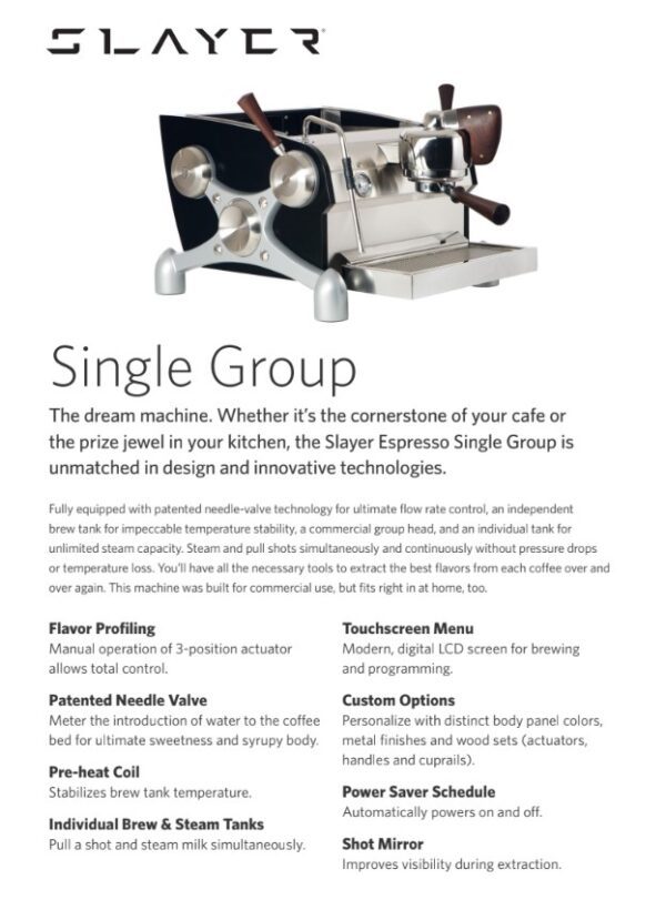 A page from the brochure for espresso single group.