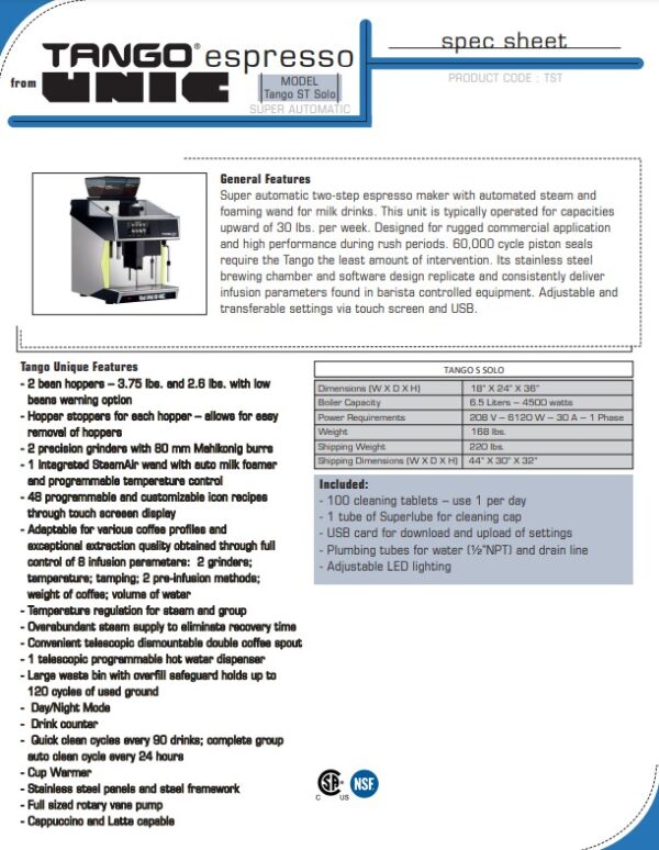 A picture of the product information sheet for the coffee maker.