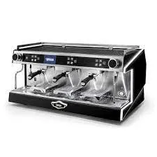 A black and silver coffee machine with three cups.