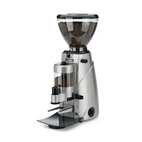 A silver coffee grinder with the top open.