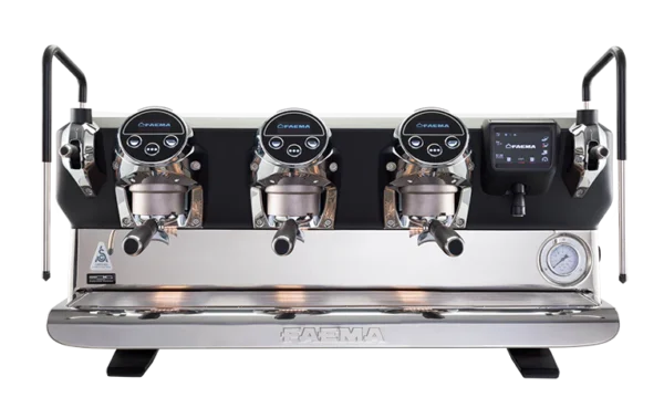 A row of three coffee machines on top of a table.