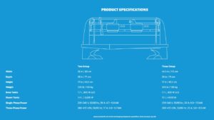 A blue page with the product specifications and dimensions.