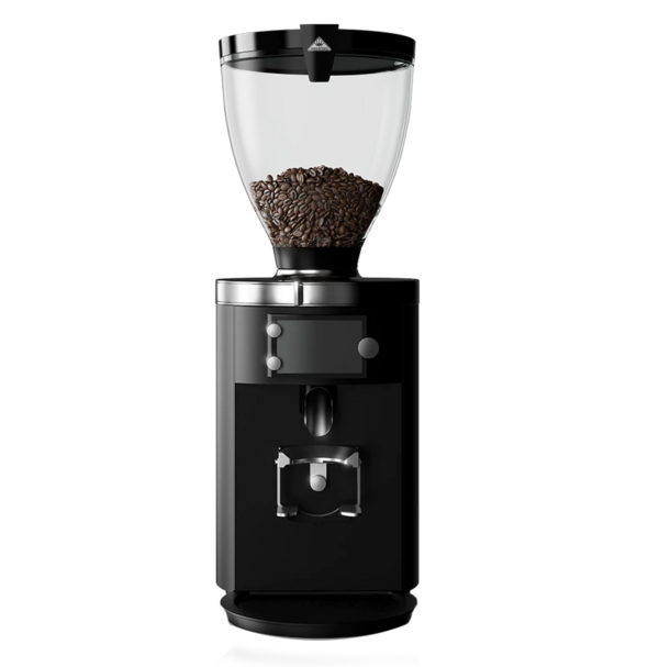 A coffee grinder with the lid open and beans in it.