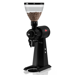 A black coffee grinder with the lid open.