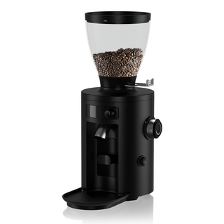 A black coffee grinder with the lid open.