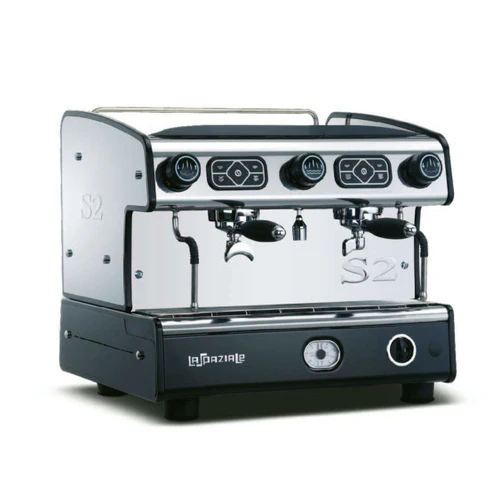 A black and silver coffee machine is on display.