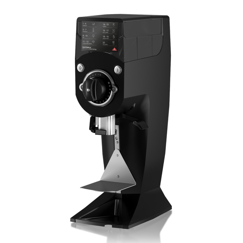 A black coffee grinder with the handle up.
