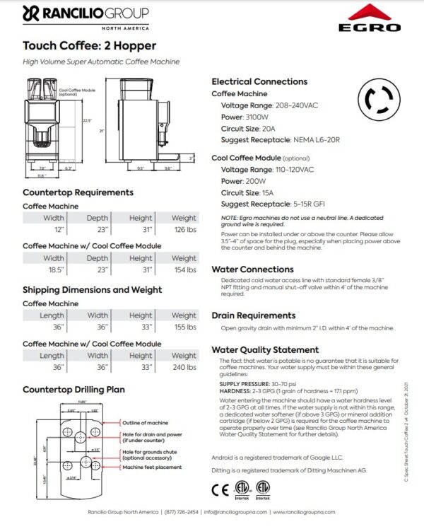 A page of the coffee machine specifications.