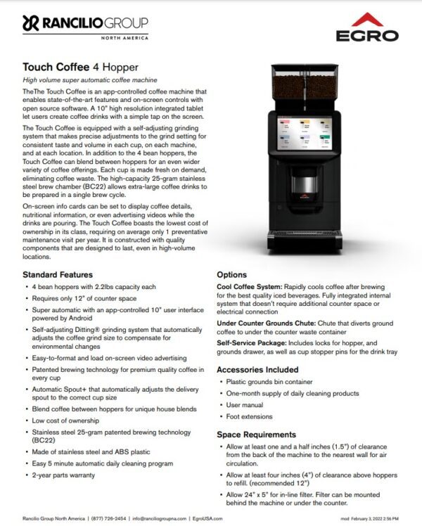 A page of instructions for the touch coffee 4 hopper.