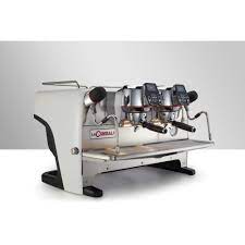 A white espresso machine with three different types of coffee.