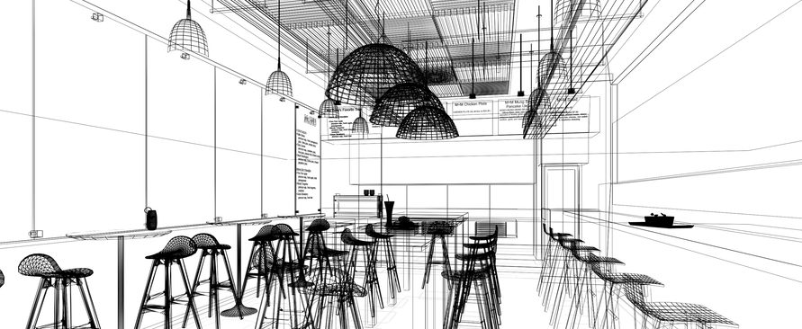 A drawing of an empty restaurant with chairs and tables.